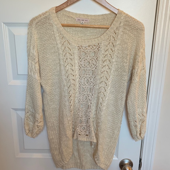 Pink Rose Sweaters - Pink Rose Cream Sweater with Crochet Panel